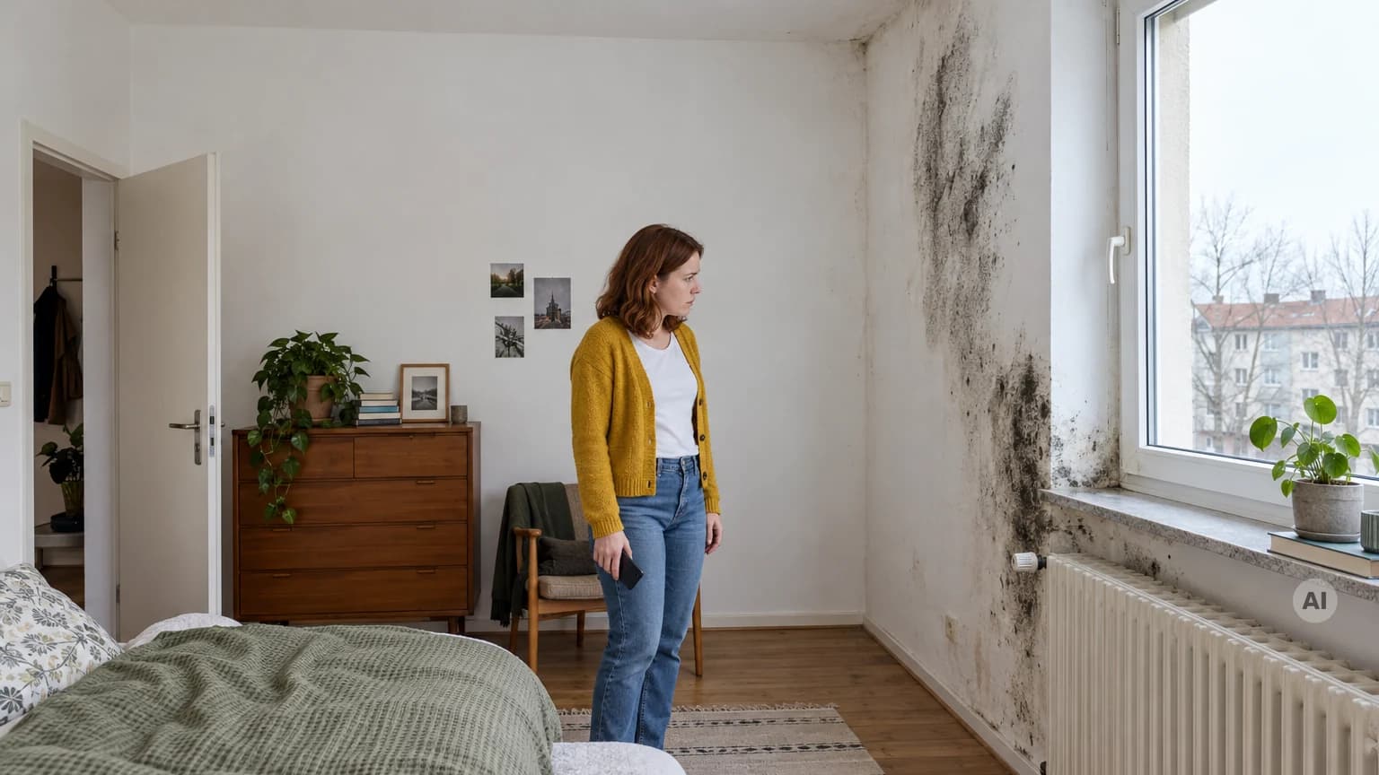 Junge Mieterin steht in ihrem Schlafzimmer und blickt besorgt auf großflächigen schwarzen Schimmel an der Außenwand neben dem Fenster