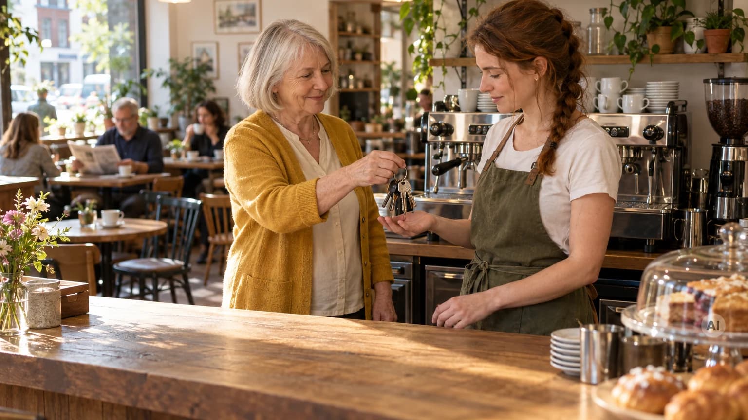 Ältere Frau übergibt einer jungen Frau hinter der Theke eines eingerichteten Cafés einen Schlüsselbund, daneben die Espressomaschine