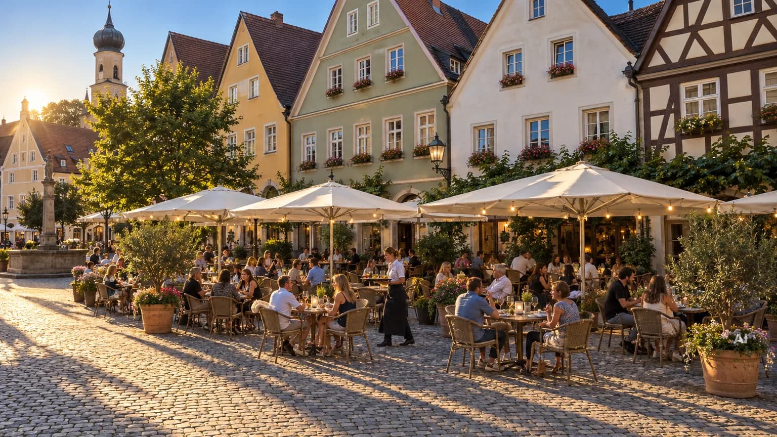 Belebte Café-Terrasse auf dem Kopfsteinpflaster eines Marktplatzes mit Giebelhäusern im Abendlicht