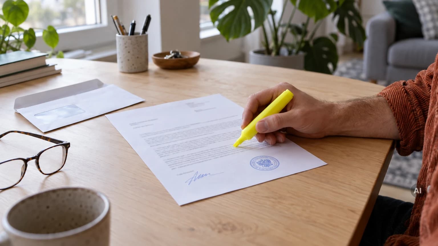 Hand mit gelbem Textmarker über dem letzten Absatz eines Behördenbescheids mit Dienstsiegel und Unterschrift auf einem Holzschreibtisch